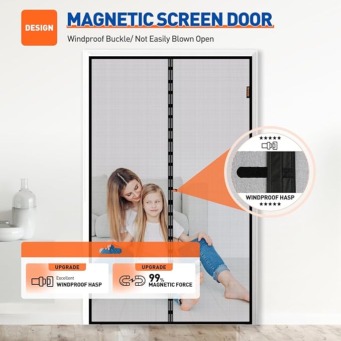 MAGZO Magnetic Screen Door Fit Door Size 42 x 83 Inch, Screen Size 44" x 84" Strong Magnet French Door Screen, Heavy Duty Fiberglass Door Mesh with Hook & Loop for Sliding Door, Gray