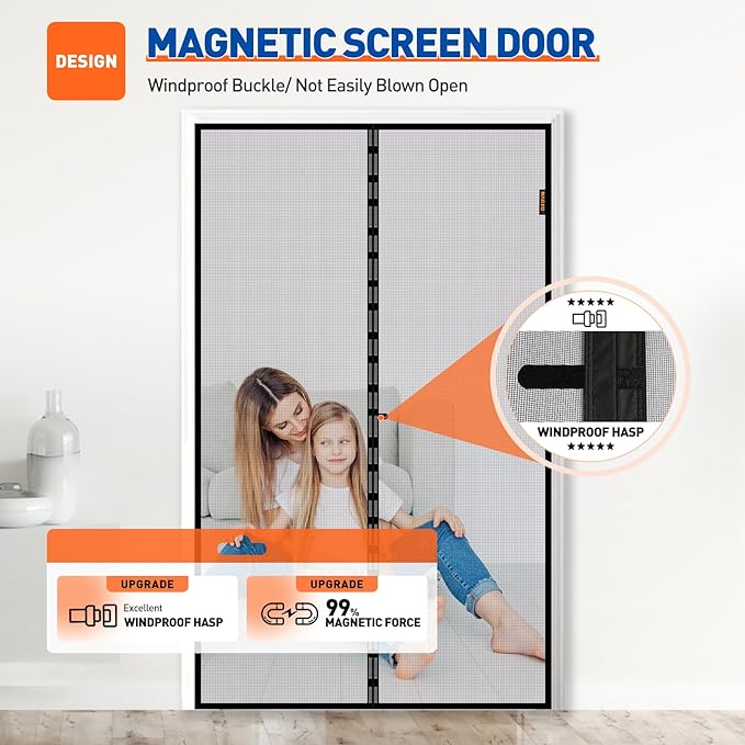 MAGZO Magnetic Screen Door Fit Door Size 74 x 80 Inch, Screen Size 76" x 81" Strong Magnet French Style Mesh, Heavy Duty Fiberglass Mesh with Hook & Loop for Sliding Entrance, Gray