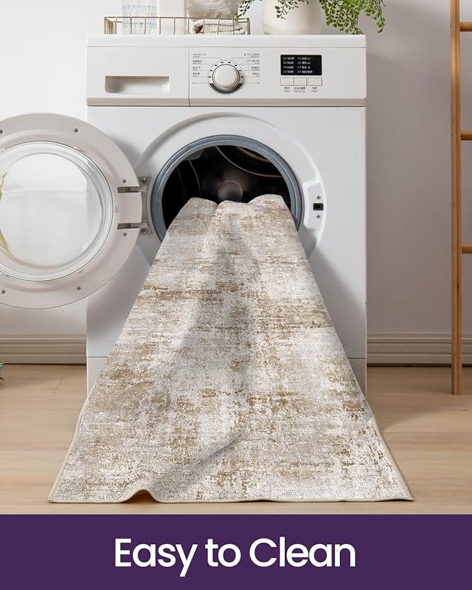 DEXI Hallway Runner Rug Washable 2'8''x7', Modern Abstract Soft Thin Hallways Runner with Non Slip Backing, Low Pile Entryway Floor Rug, Stain Resistant Carpet for Bedroom Living Room, Khaki