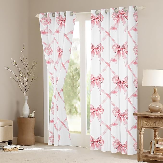 Erosebridal Kawaii Bowknot 42" Wx63 L Window Treatments for Kids Girls Teen,Cute Girly Bow Curtain Pink Bow Window Curtain Watercolor Bow Tie Plaid 30%-50% Blackout Curtains for Bedroom
