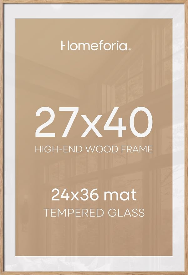 Homeforia Wood Poster Frame 27x40, High End Natural Oak 27 x 40 Large Picture Frame with Mat 24 by 36, 27x40 Light Wooden Frames Matted to 24x36, 40x27 Movie Frames, Tempered Glass, Wall Kit, Set of 1