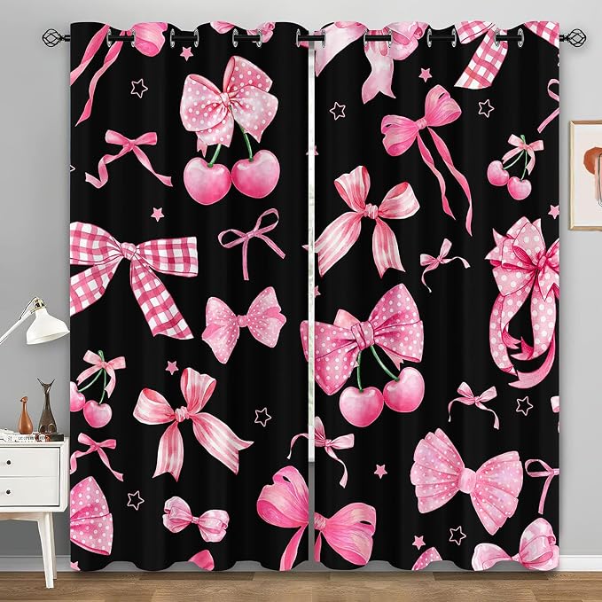 LUVIVIHOME Pink Bow Cherry Curtains, Cute Blackout Curtains, Girls Bedroom Decor, Girly Black Curtains, 2 Panel Sets, 52x84 Inch