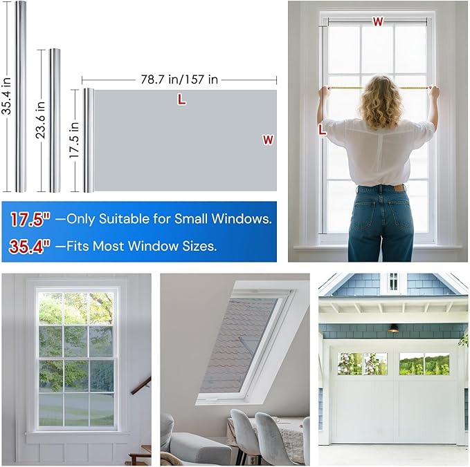Homein One Way Privacy Window Film with Tool Window Tint for Home Heat Control Sun Blocking Anti UV Mirror Reflective Covering See Out Not in Static Cling No Glue Sliver 17.5" x 78.7"