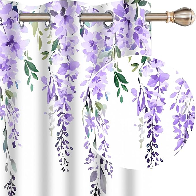 Purple Watercolor Floral Curtains, 42x63 inch, 2 Panels | Botanical Leaves Vine Flowers, Rustic Farmhouse Wisteria, Blackout Window Treatment, For Bedroom Living Room