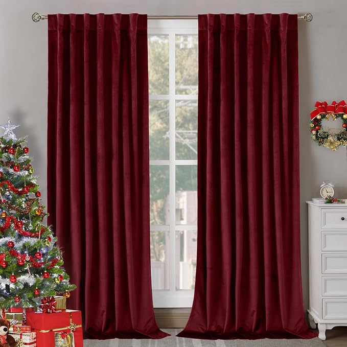 BGment Christmas Red Velvet Curtains 96 Inches for Living Room, Thermal Room Darkening Curtains Sound Reduce Drapes with Back Tab and Rod Pocket for French Door, 2 Panels, 52 x 96 Inch