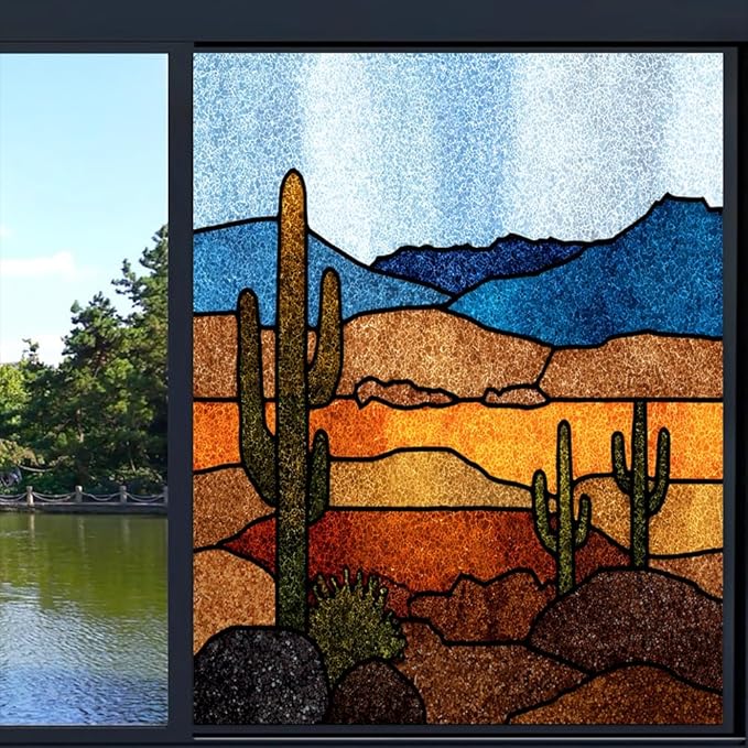 Abstract Desert Frosted Window Film, Colorful Cactus Texture Landscape Stained Glass Privacy Film, Heat Insulation Self-Adhesive Vinyl for Bathroom Office, 17.7Wx23.6L inch