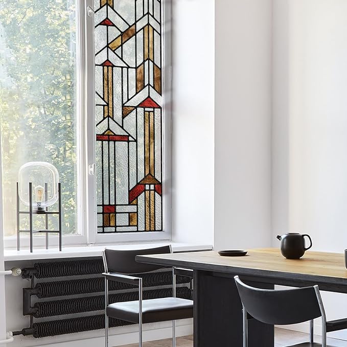 Faux Stained Glass Effect Window Privacy Film, Original Hand Drawn Static Cling Texture Sticker Inspired by Frank Lloyd Wright, 16.93" x84.65" Hollyhock House, Boho