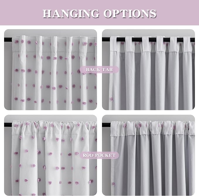 MYSKY HOME 100% Blackout Curtains for Living Room 95 Inch Long Total Light Blocking Curtains for Sliding Door 2 Panels Back Tab Room Darkening Girls Bedroom Drapes Purple Pom Pom Sheer 52 x 95 in
