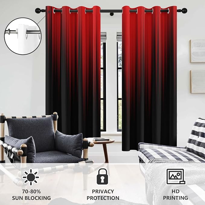 AAtter Red Black Window Curtains, Room Darkening, Grommet 42" W x 63" L | Burgundy Ombre Gothic Drapes, Dark Modern High Precision Fabric, Abstract Anime, 2 Panels Cool Bedroom Decor for Men