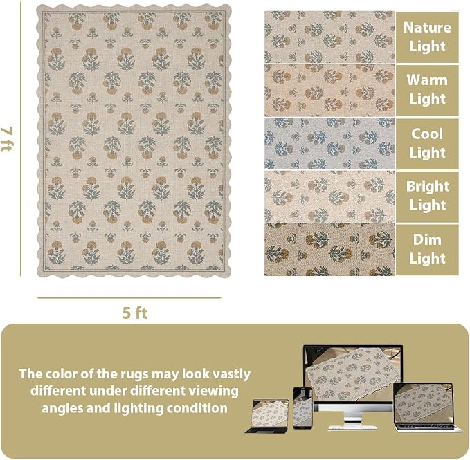 ORTIGIA Scalloped Easy Jute 5x7 Area Rug Vintage Yellow Floral Farmhouse Washable Rug Non-Slip Indoor Outdoor Carpet for Living Room Bedroom Patio Entryway