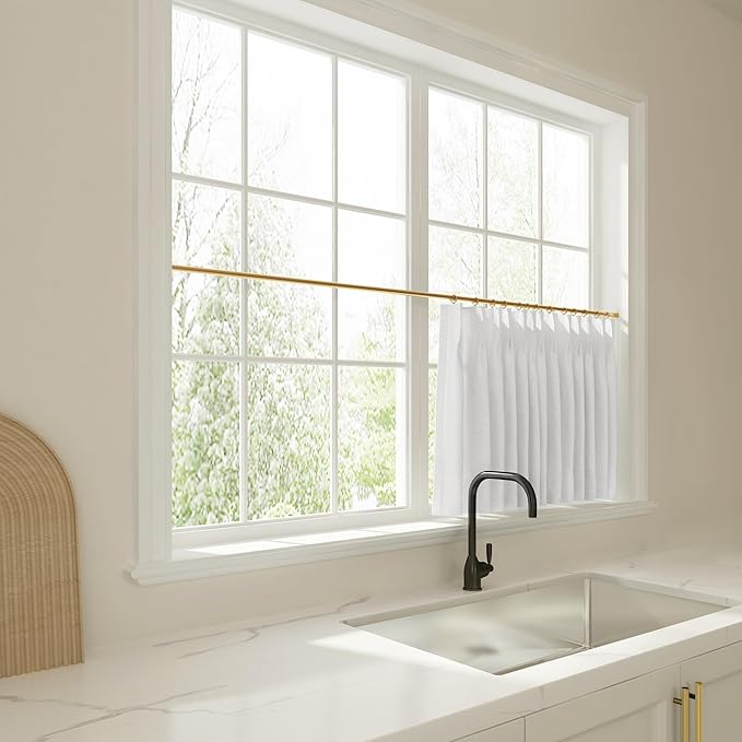 TWOPAGES 42" W x 36" L Linen Blend Cafe Curtains for Kitchen Window, Light Filtering Pinch Pleated Tier Curtains, Modern Farmhouse Half Window Curtains for Bathroom, Snow White, 2 Panels