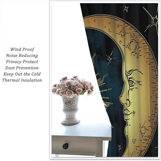 Sun Moon Blackout Windows Curtains, Boho Chic Art Golden Sun Moon and Stars Over Blue Black Sky Antique Style Curtains, for Living Room Bedroom 63x72in 2 Panels