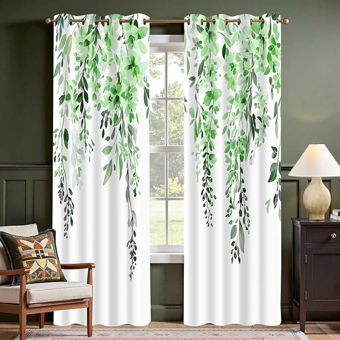 Green Watercolor Floral Curtains, Botanical Leaves Vine Flowers Curtain, Rustic Farmhouse Flower Leaf Blackout Window Treatment Drapes for Bedroom Living Room 42x90 inch, 2 Panels
