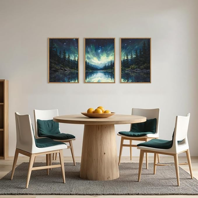 HOURIA Luminous Northern Lights Forest Lake Framed Canvas Wall Art Set,Starry Nordic Aurora Borealis Mountain Scenery Decor,Wilderness Pine Tree Reflection Artwork for Living Room,Farmhouse-24 x36 x3