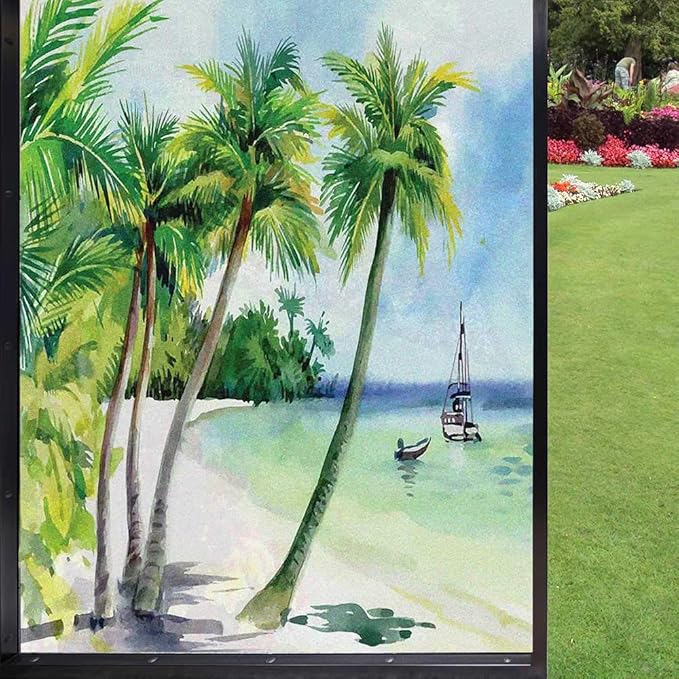 Tropical Frosted Window Film Stickers, Beach Boat Shore Summer Coast Watercolor Landscape, UV Blocking Privacy Window Clings for Home, Azure Blue 60x60cm/23.6x23.6in