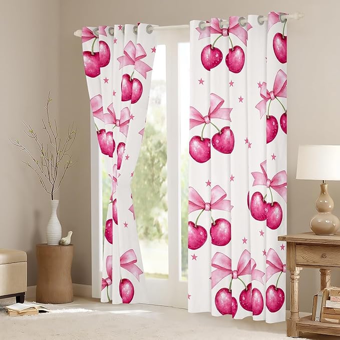 Feelyou Pink Girls Bow Room Darkening Blackout Curtain (2 Panels, 42 x 84 Inch) Bow Curtains for Bedroom Living Room Kawaii Cherry Prints Blackout Curtains Cute Bowknot Window Treatments