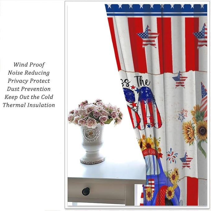 American Flag Curtains,4th of July Stars Stripe Sunflower Gnome Decor Drape for Bedroom Living Room Window Treatment 2 Panels Set Total Size 42" W X 45" L Inch