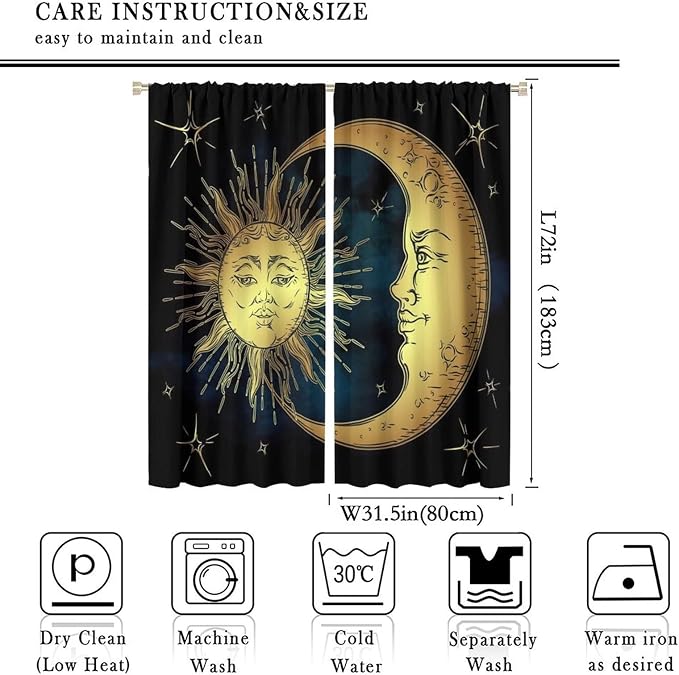 Sun Moon Blackout Windows Curtains, Boho Chic Art Golden Sun Moon and Stars Over Blue Black Sky Antique Style Curtains, for Living Room Bedroom 63x72in 2 Panels
