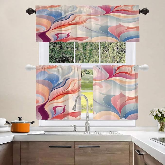 Shrahala Colorful Waves Blackout Short Curtains for Windows, Fluid Abstract Pattern Kitchen Valance Thermal Insulated Rod Pocket Window Treatment for Bathroom 2 Pack 52 X 16 in