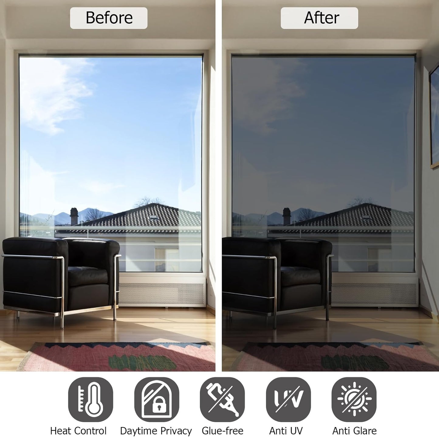 HIDBEA One Way Window Film, Daytime Privacy Sun Blocking Reflective Window Film No Glue Static Cling Heat Control Window Tinting Film for Home and Office, Black Silver, 23.6 x 157.5 Inch