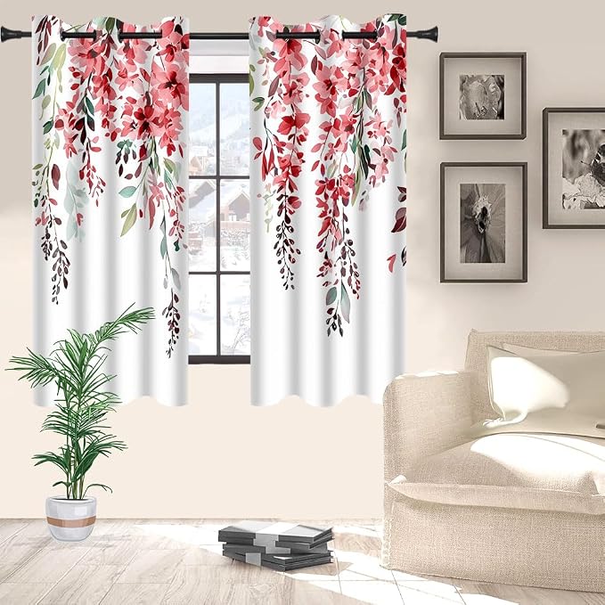 Red Watercolor Floral Curtains, 42x63 inch, 2 Panels | Botanical Leaves Vine Flowers, Rustic Farmhouse Style, Blackout Window Treatment, For Bedroom Living Room