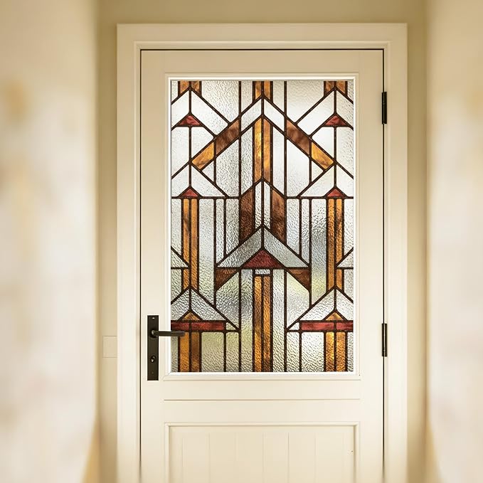 Faux Stained Glass Window Film, Decorative Window Privacy Film for Glass Decor, Static Cling Inspired by Frank Lloyd Wright, 22.83" x35.43" Hollyhock House, Boho