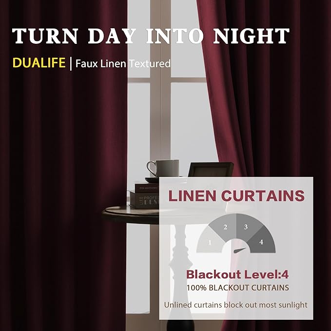 DUALIFE Extra Long 108 Inch Full Blackout Curtains for Large Window,Look Faux Linen Textured Back Tab Hook Belt Pleated Tall Drapes for Living Room Dining 2 Panels Set,50 Wide,10 FT Rose Red