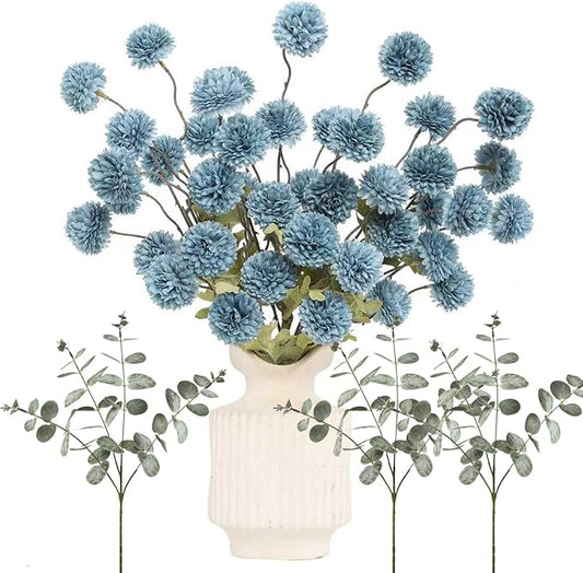 DuHouse Faux Flowers for Vase Kiku 8 Stems & 3 Eucalyptus,Fake Flowers Stems for DIY Wedding Bouquets Centerpieces Vase Home Table Kitchen Decorations