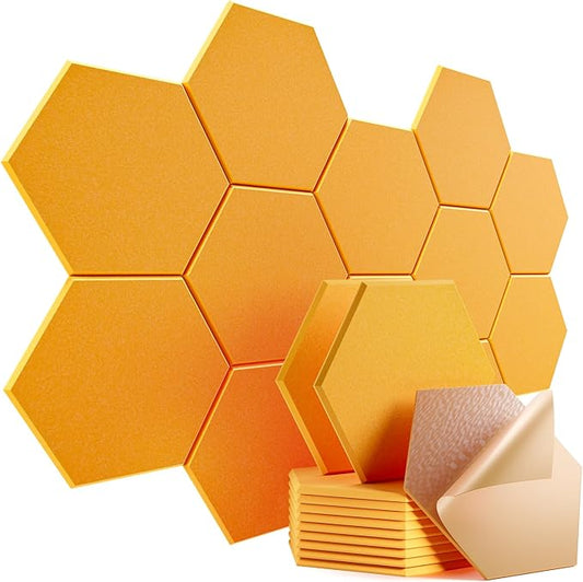 12 Pack Self-Adhesive Acoustic Panels 12" X 10" X 0.4" - Sound Proof Foam Panels with High Density, Hexagonal Design, Flame Resistant, Absorb Noise and Eliminate Echoes(Orange Yellow)