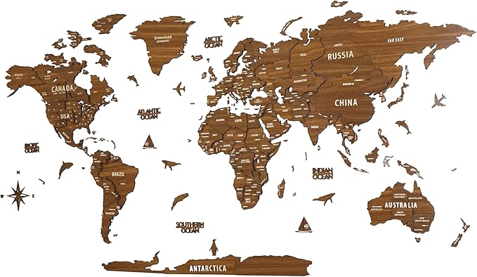 Colorfull Worlds, Multilayer 3D Wooden World Map, Travel Map States and Capitals, Wall Decor For New House, Gift For Travelers, Office Decor, Birthday Present, Living Room Decoration (XL, Light Brown)