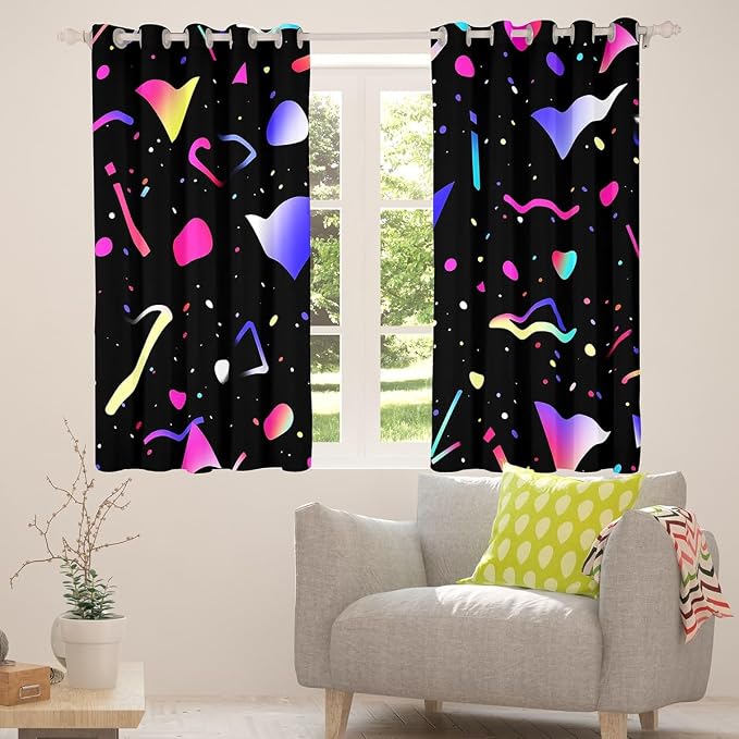 Feelyou 80s 90s Memphis Curtains for Bedroom Memphis Geometric Blackout Curtainsative Retro Fashion Style Darkening Dreapes Colorful Abstract Black Window Treatments (2 Panels, 42 x 63 Inch)