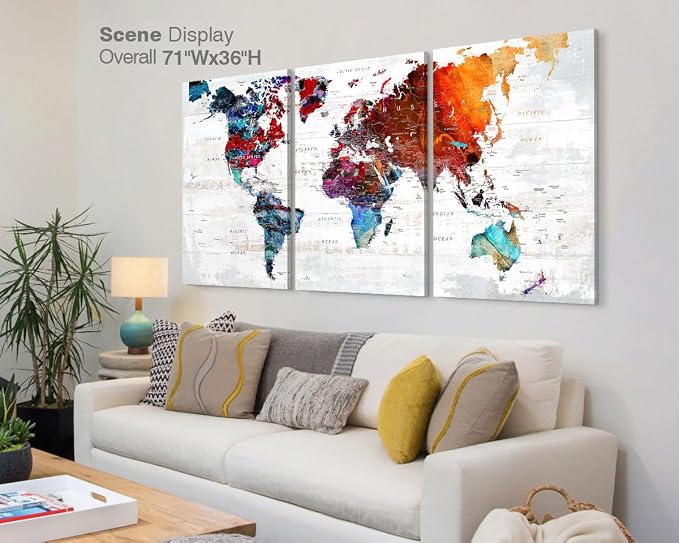Large Wall Art Canvas World Maps Office Living Room Pictures | Bedroom Wall Decor for Women Oversized Framed Artwork for Apartment Conference Room Library Painting