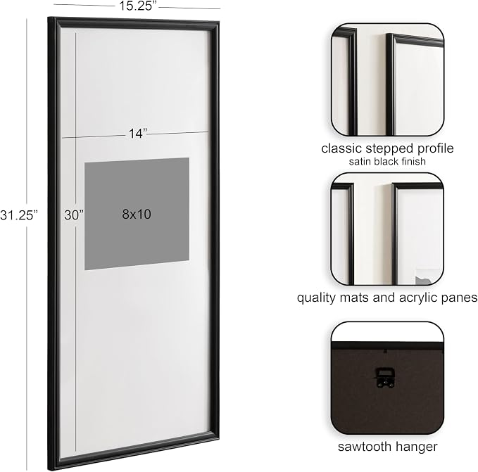 Kate and Laurel Adlynn Rectangular Panel Picture Frame Set of 2, 14 x 30 matted to 8 x 10, Black, Modern Two-Piece Photo Frame Set for Gallery Wall Decor in Living Room Wall Display