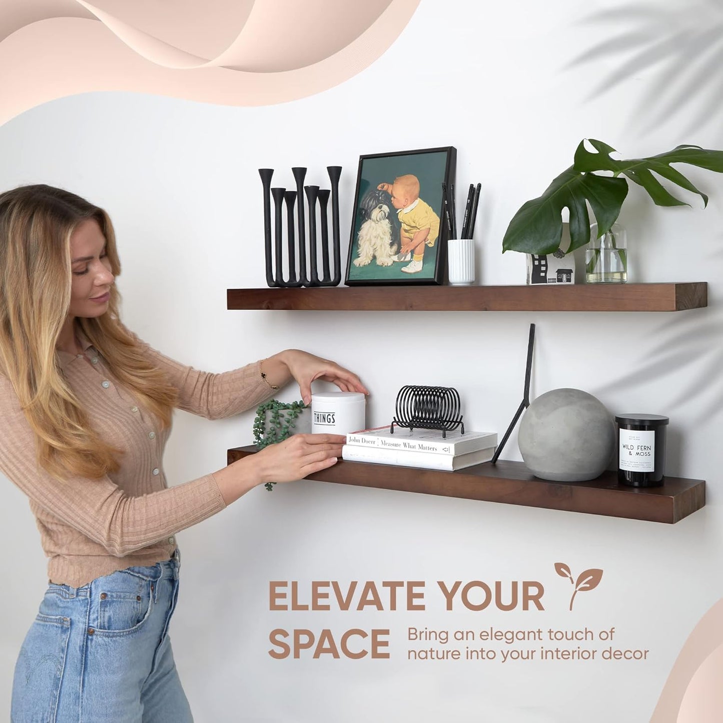 Homeforia Walnut 36 inch Floating Shelf, High End Solid Real Wood 36inch Large Shelves for Bathroom Wall, Dark Brown 36 inches Long Floating Shelves, Heavy Duty Bracket, 36 X 6.5 X 1.75 inch, Set of 2