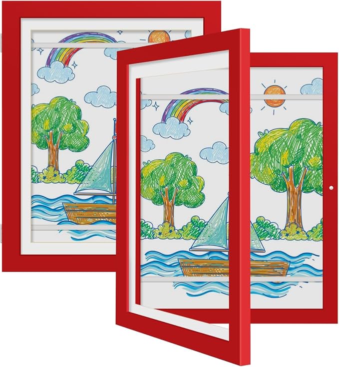 Kids Art Frames 9x12 Set of 2 - Front Opening Childrens Picture Frame Changeable, Wood Artwork Display Storage for Wall Mount, Magnetic Door Holds 50 Art Pieces for Drawings, 3D Picture, Crafts, Portfolio, Red
