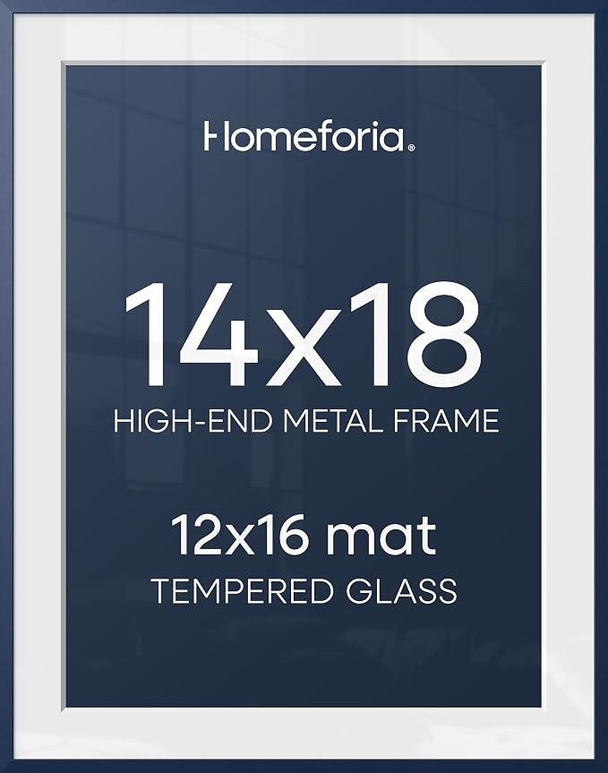Homeforia 14x18 Picture Frame Navy Blue, High End Metal 14x18 Poster Frames with Mat 12x16 Photo, 14 x 18 Navy Blue Frame Matted to 12 by 16 Print, 18x14 Thin Frame, Tempered Glass, Wall Kit, Set of 1