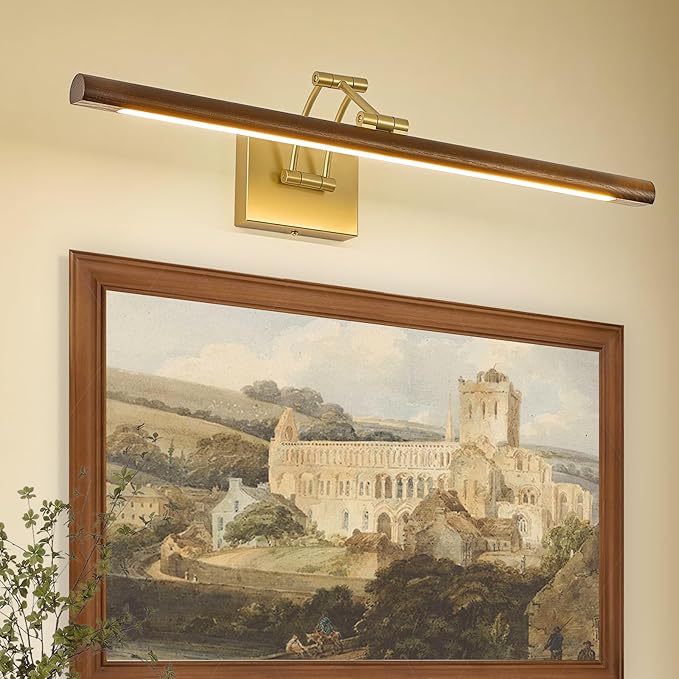 VitaLink Picture Lights for Wall, Hardwired 27.5" Long Gold Wall Picture Artwork Paintings Display Lighting Swing Arms Wooden Wall Lamp Bathroom Vanity Light Dimmable 5CCT