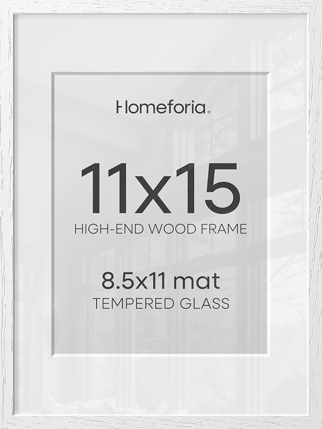 Homeforia White Frame 11x15 Wood, High End Oak 11x15 Picture Frames with Mat 8.5x11, 11 x 15 White Wooden Poster Frames Matted to 8.5 x 11 inch Photo, 15by11 Frames, Tempered Glass, Wall Kit, Set of 2
