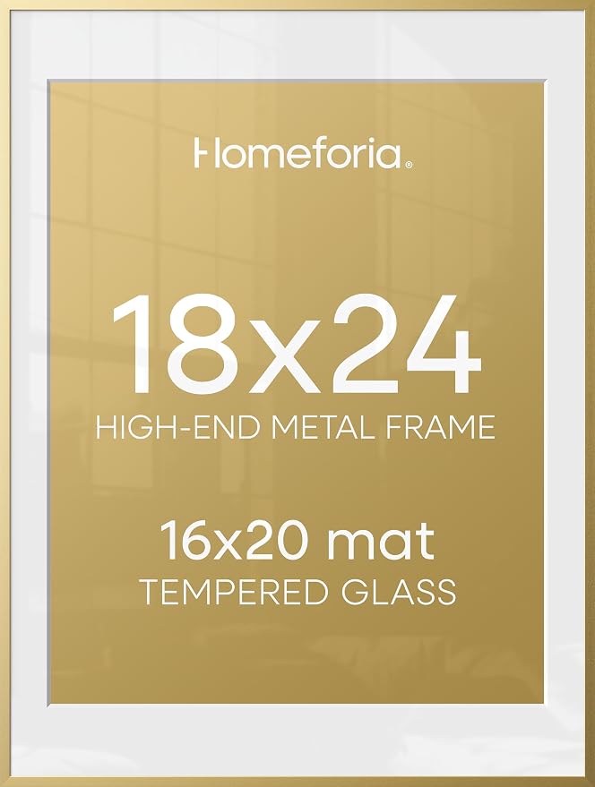 Homeforia 18 x 24 Poster Frame Gold, High End Metal 18x24 Picture Frames with Mat 16x20 Photo, 18 x 24 Gold Frame Matted to 16 by 20 Print, 24x18 Thin Hanging Frame, Tempered Glass, Wall Kit, Set of 3