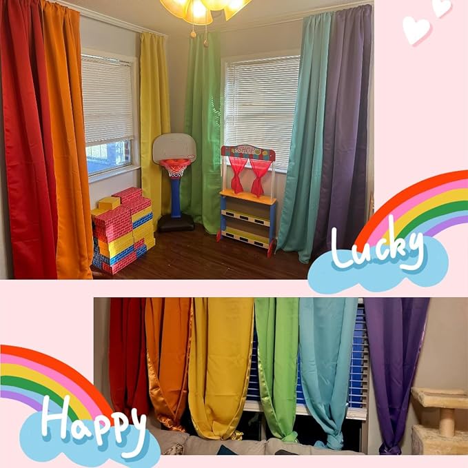 THOOO 6 Panel Rainbow Curtains for Bedroom & Living Room - 95 Inch Long Blackout Curtains with Rod Pocket - Colorful Drapes in Red, Orange, Yellow, Green, Blue, Purple
