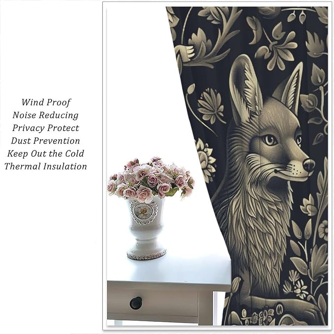 Vintage William Morris Blackout Curtains, Rustic Forest Abstract Country Fox Flower Window Drapes, for Bedroom Living Room 63" W X 72" L