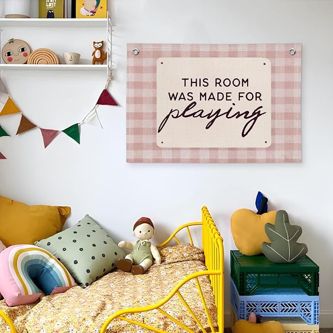 Playroom Wall Decor, This Room Was Made For Playing Playroom Banner, Banner Flag Wall Hanging Decor for Toddler Girls Baby Girl Room Nursery 20x30 Inch - Pink