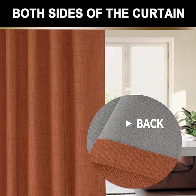 100% Blackout Shield Full Blackout Curtains for Bedroom 84 inch Length 2 Panels Set, Clip Rings/Rod Pocket Faux Linen Black Out Curtains for Living Room, Thermal Insulated, 50Wx84L, Burnt Orange