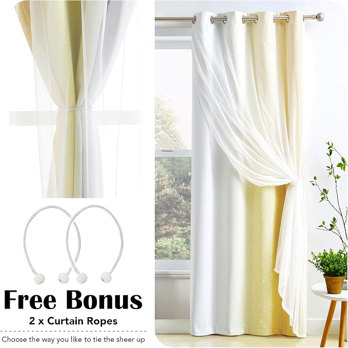 Ombre 100% Blackout Curtains 54 Inches Long 2 Panels for Bedroom Living Room Yellow and White Double Layer Sheer Overlay Mix & Match Grommet Thermal Soundproof Drapes with Tiebacks, 52x54