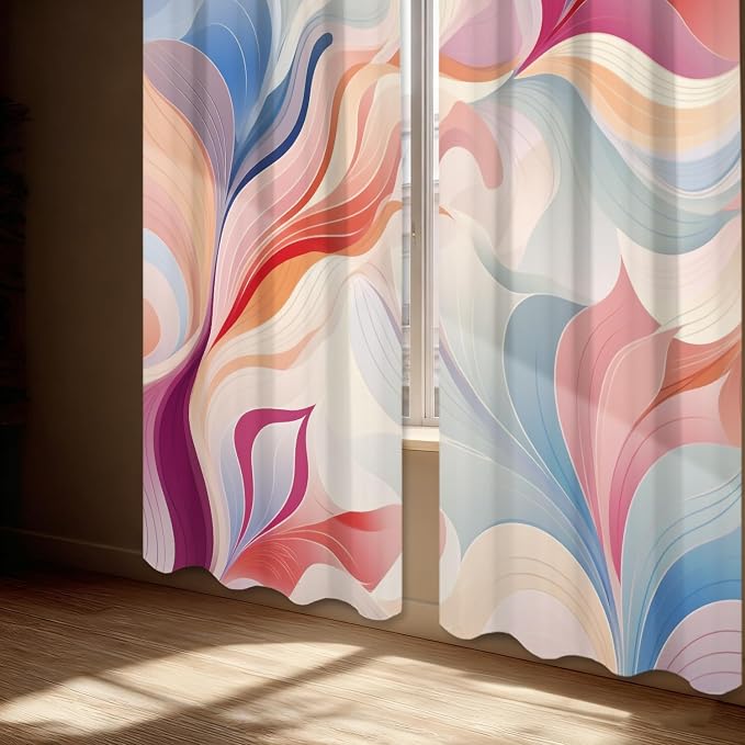 Shrahala Colorful Waves Blackout Window Curtains, Fluid Abstract Pattern Thermal Insulated Curtains Grommet Long Drapes for Bedroom,Living Room (2 Panels, 52 X 63 in)