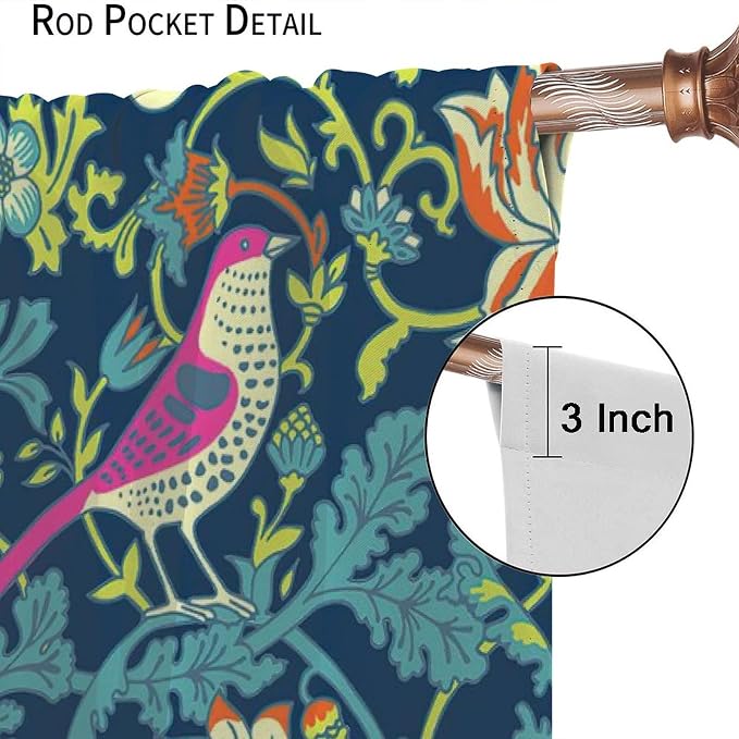 Boho William Morris Art Blackout Window Curtains, Magical Forest Vintage Flowers and Birds Rod Pocket Curtains, for Living Room Bedroom 21(W)*54(L) 2 Panels