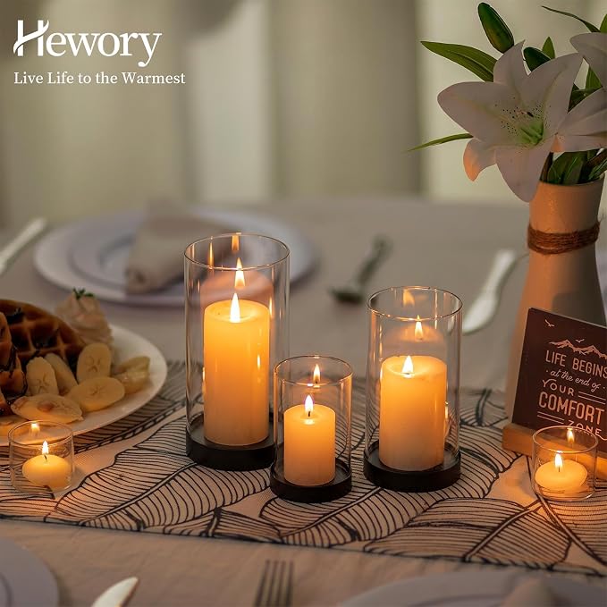 Hewory Hurricane Candle Holder for Pillar Candles: Black Votive Candle Holders Set of 12, Glass Hurricane with Metal Candle Plate, Pillar Candle Holder for Table Centerpiece Wedding Holiday Home Decor