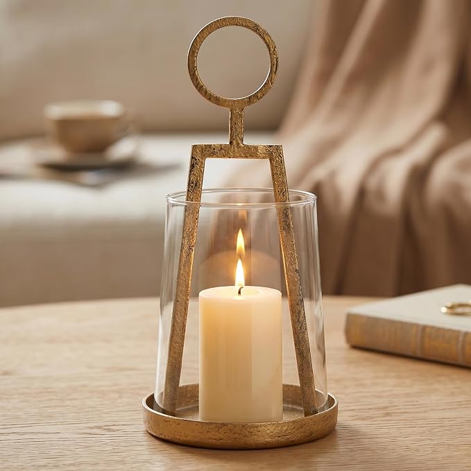 Small Farmhouse Hurricane Candle Holder (4.3" W x 9.2" H), Antique Brass Metal Lantern with Clear Glass Sleeve, Compact Tabletop Decor for Pillar Candles & Small Plants