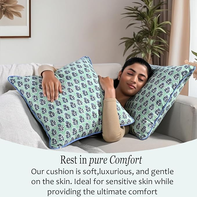 CPC 100% Cotton Throw Pillow Covers 18x18 Inch, Set of 2 Blue Block Print Pattern Couch Pillow, Cute Boho Decorative Pillows for Living Room, Bedroom with Hidden Zipper- Poppy Blue