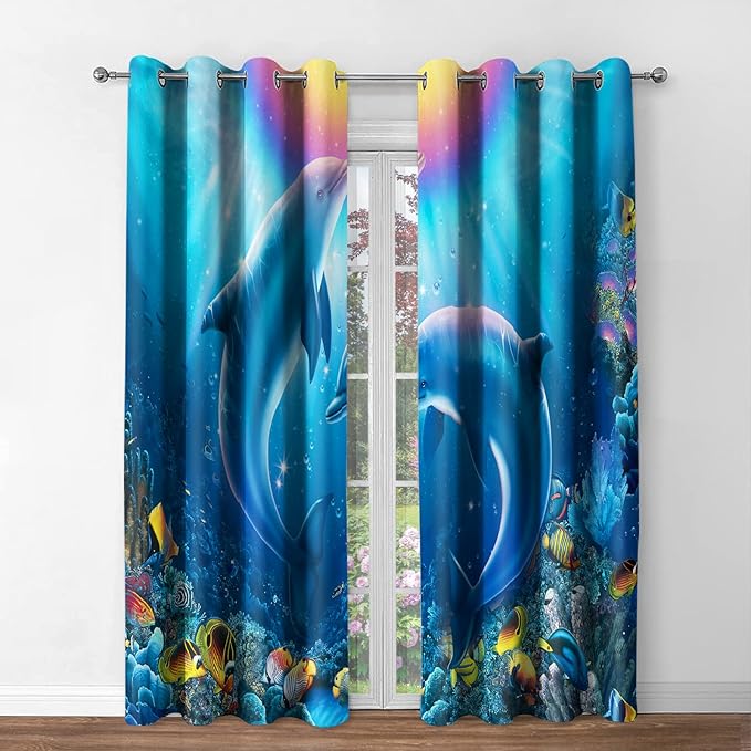 Jekeno Dolphin Ocean Blackout Window Curtains - Blue Underwater World Coral Tropical Sea Fish Landscape Blocking Drapes for Bedroom Living Room Decor Grommet Window Treatments 2 Panels Set,42"x 54"